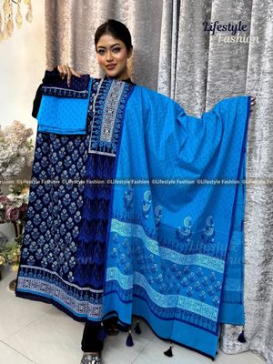 প্রিমিয়াম কোয়ালিটি ব্লক প্রিন্ট কটন থ্রি-পিস_img_0