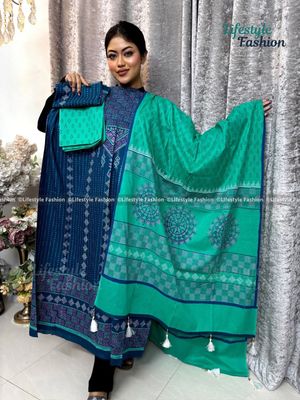 প্রিমিয়াম কোয়ালিটি ব্লক প্রিন্ট কটন থ্রি-পিস_img_0