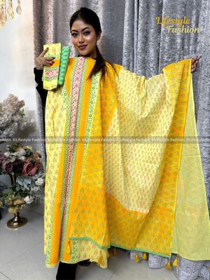 প্রিমিয়াম কোয়ালিটি ব্লক প্রিন্ট কটন থ্রি-পিস_img_0
