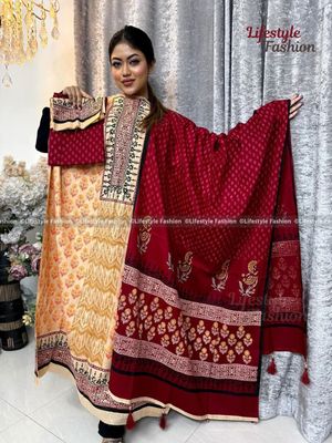 প্রিমিয়াম কোয়ালিটি ব্লক প্রিন্ট কটন থ্রি-পিস_img_0