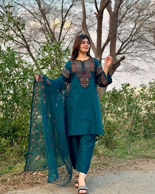 3pcs Embroidered Georgette Indian Suit in Blue_img_0