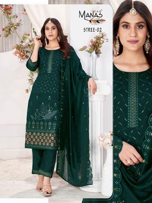 Embroidered Indian Reyon Fabrics Women Dress in Dark Green_img_0