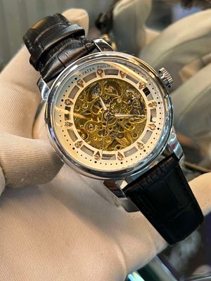 Patek Auto New Stone Black Belt Silver Case White Dial_img_0