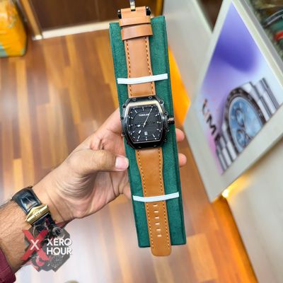 TUBULAR | RM SHAPE | AUTHENTIC LEATHER BELT |  LIGHT BROWN BELT | BLACK DIAL | SS BLACK BODY_img_1