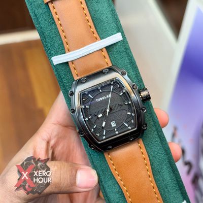 TUBULAR | RM SHAPE | AUTHENTIC LEATHER BELT |  LIGHT BROWN BELT | BLACK DIAL | SS BLACK BODY_img_2