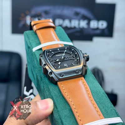 TUBULAR | RM SHAPE | AUTHENTIC LEATHER BELT |  LIGHT BROWN BELT | BLACK DIAL | SS BLACK BODY_img_3
