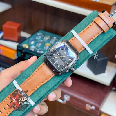 TUBULAR | RM SHAPE | AUTHENTIC LEATHER BELT |  LIGHT BROWN BELT | BLACK DIAL | SS BLACK BODY_img_8
