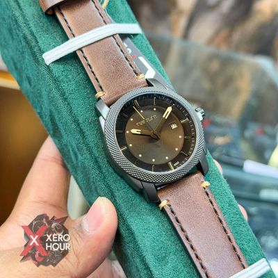 TUBULAR | FOSSIL SHAPE | AUTHENTIC LEATHER BELT |  BROWN BELT | BLACK DIAL_img_1
