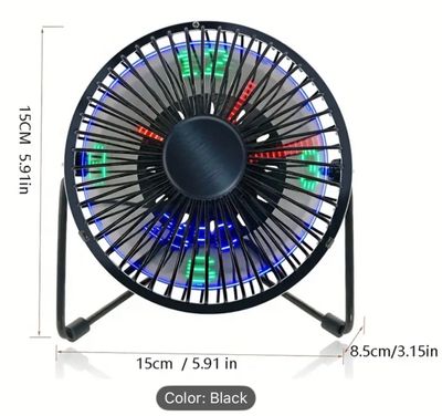 USB-Powered LED Clock Fan with Real-Time Temperature Display - Sleek Black Iron Frame, Blue & Green LED Lights, Compact Desktop Design for Home Office & Workspace, Office Desk Accessory, Modern Aesthetic, Durable Construction