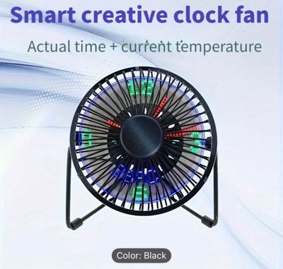 USB-Powered LED Clock Fan with Real-Time Temperature Display - Sleek Black Iron Frame, Blue & Green LED Lights, Compact Desktop Design for Home Office & Workspace, Office Desk Accessory, Modern Aesthetic, Durable Construction_img_1