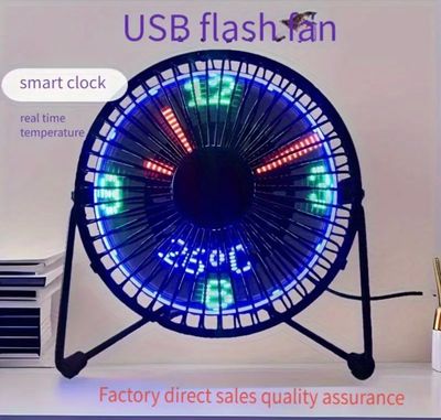 USB-Powered LED Clock Fan with Real-Time Temperature Display - Sleek Black Iron Frame, Blue & Green LED Lights, Compact Desktop Design for Home Office & Workspace, Office Desk Accessory, Modern Aesthetic, Durable Construction_img_2