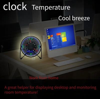USB-Powered LED Clock Fan with Real-Time Temperature Display - Sleek Black Iron Frame, Blue & Green LED Lights, Compact Desktop Design for Home Office & Workspace, Office Desk Accessory, Modern Aesthetic, Durable Construction_img_3
