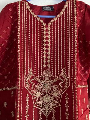 Embroidered Women's One-Piece - Royal Red - Organza_img_2