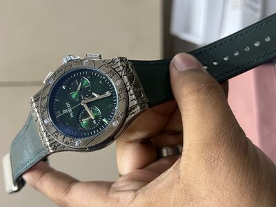 HUBLOT BELT ENGRAVED SILVER CASE GREEN DIAL GREEN BELT