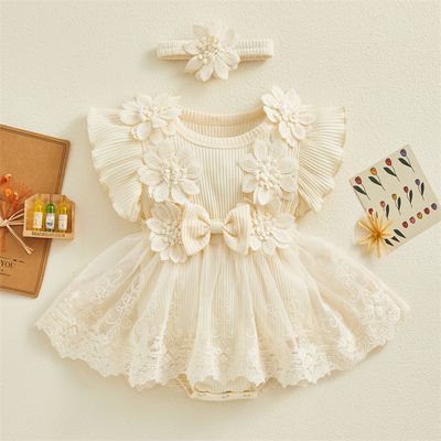 Baby Girl Flower Lace Tulle & 3D Floral Design Romper Dress with Headband (0 to 18 Months)_img_5