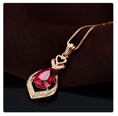 Drop Shaped Ruby Zircon Gemstones Pendant Necklace For Women Gold Luxury Pendant Chain Necklace_img_3