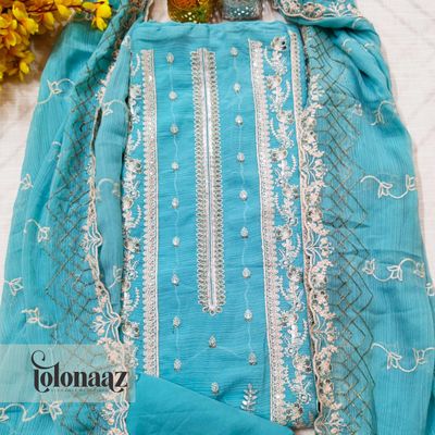 Premium White Gold Indian Unstitched (Blue)