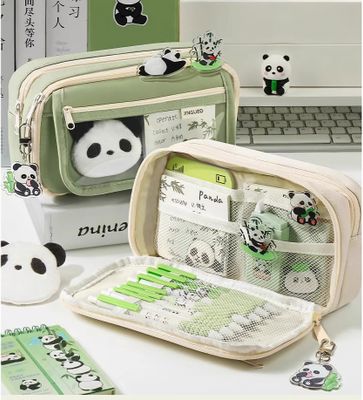 Panda Pencil Case Large Capacity Stationery Set / Avocado green - 6 panda pen + panda clip + keychain + note pad + panda doll_img_0