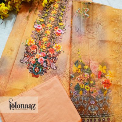 Embroidered lawn with digital print (Orange)_img_0