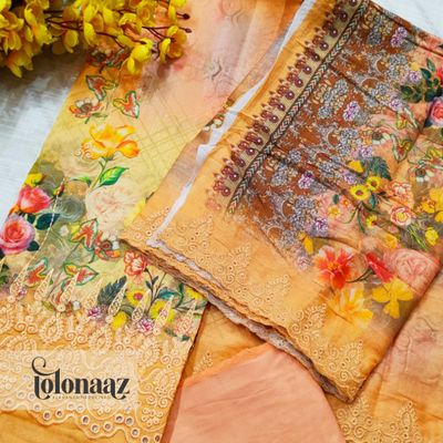 Embroidered lawn with digital print (Orange)_img_1