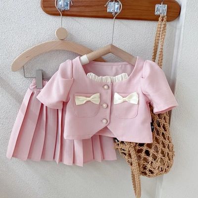 Baby Girl Elegant Summer Cotton Clothing Set Short Sleeve Coat with Pleated Skirt (2 to 6 years)_img_0