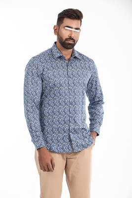 Men Casual Full Shirt Stylish Slim Fit Navy Printed Cotton | Palli_img_0