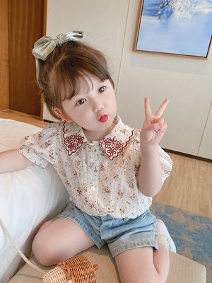 Kids Girls Summer Floral Embroidery Outfit Stylish Cotton Top & Denim Shorts (2-6 years)_img_0