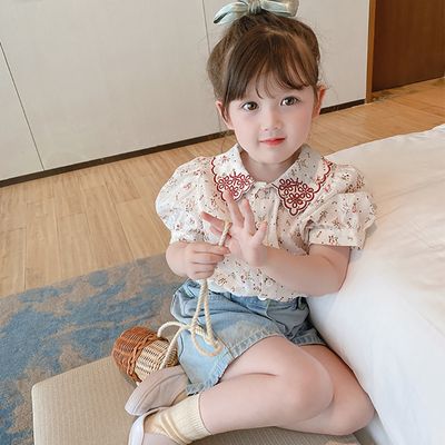 Kids Girls Summer Floral Embroidery Outfit Stylish Cotton Top & Denim Shorts (2-6 years)_img_1