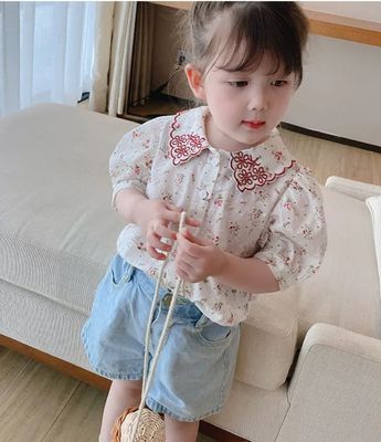 Kids Girls Summer Floral Embroidery Outfit Stylish Cotton Top & Denim Shorts (2-6 years)_img_2
