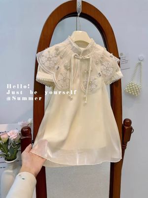 Kids Girls Summer Chinese Style Short Sleeve Pearl Princess Gown Party Dress (1-6 Years)_img_0
