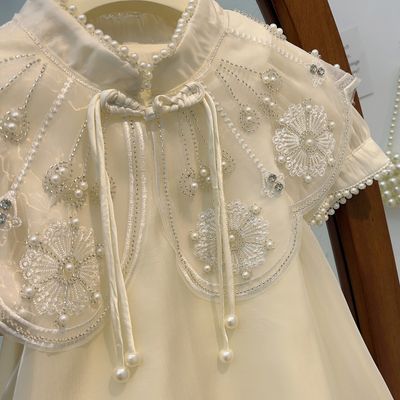 Kids Girls Summer Chinese Style Short Sleeve Pearl Princess Gown Party Dress (1-6 Years)_img_1