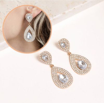 Crystal Double Teardrop Earrings In Gold Colour- Women jewelry_img_1