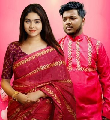 প্রিমিয়াম সেমি মসলিন শাড়ি পাঞ্জাবি কাপল সেট।_img_2