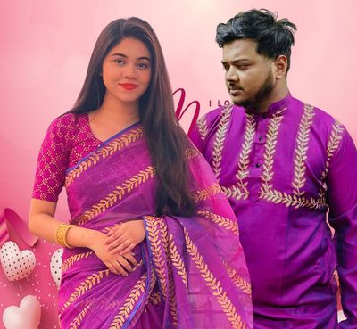 প্রিমিয়াম সেমি মসলিন শাড়ি পাঞ্জাবি কাপল সেট।_img_4