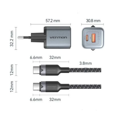 Vention 2-Port GaN Charger 30W USB-C + 18W USB-A, EU Plug with 1M USB-C Cable_img_1