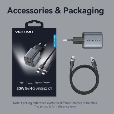 Vention 2-Port GaN Charger 30W USB-C + 18W USB-A, EU Plug with 1M USB-C Cable_img_2
