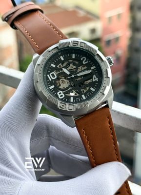 FOSSIL AUTOMATIC 44mm DIAL MASTARD BELT SILVER CASE BLACK DIAL_img_0