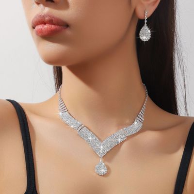 Cross-border Explosions Full Diamond Water Drops Rhinestone Necklace Earrings suit Luxury High-end Sense Simple All-match Bridal suit Women