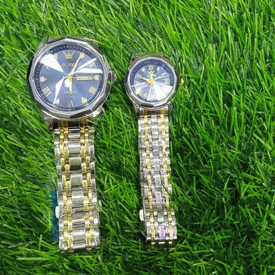 Butter Fly Lock Olievs Stainless Steel fashionable Couple watches +1pcs chain cutter+ 2 pcs battery (Silver Blue)_img_1