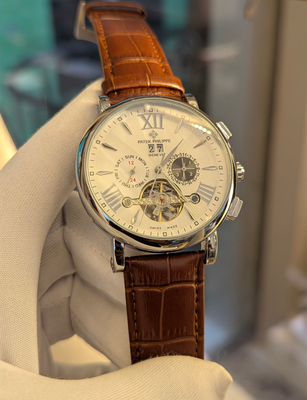 Patek Auto Belt Silver Case Brown Belt White Dial_img_0