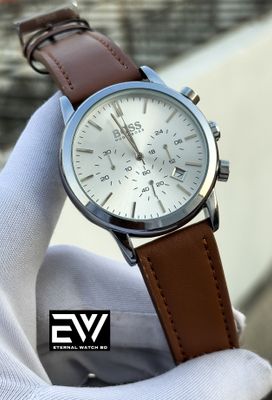 BOSS 3 CHRONO BROWN BELT SILVER CASE WHITE DIAL_img_0