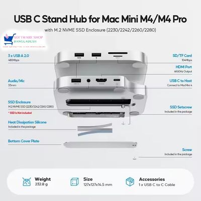 PULWTOP Mac mini M4/M4 Pro Hub Stand Dock with External Storage Upgrade M.2 SSD Enclosure(SSD NOT Included)_img_2
