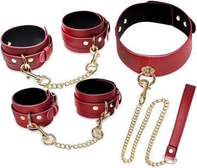 5PCS Red Sex Bondage Adult Toy SM Games Sexy Adjustable Leather BDSM Bondage Sex Toys Betish Bondage Neck to Wrist Couples Toy_img_0