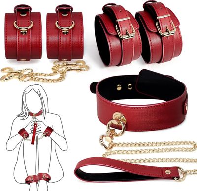 5PCS Red Sex Bondage Adult Toy SM Games Sexy Adjustable Leather BDSM Bondage Sex Toys Betish Bondage Neck to Wrist Couples Toy_img_4