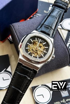 PATEK AUTOMATIC SKELETON BLACK DIAL SILVER CASE BLACK BELT_img_0