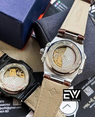 PATEK AUTOMATIC SKELETON BLACK DIAL SILVER CASE BLACK BELT_img_1