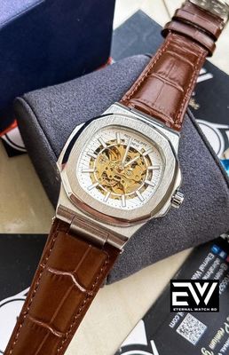 PATEK AUTOMATIC SKELETON WHITE DIAL BROWN BELT SILVER CASE_img_0