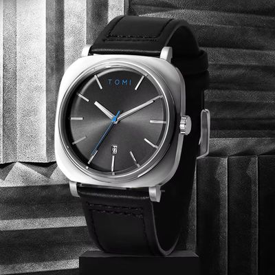 TOMI T-084 Men's Leather Belt Quartz Watch With Date (Silver-Black)_img_1