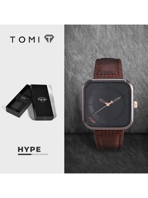 TOMI T-093 Square Men's Leather Belt Quartz Watch (Brown-Black)_img_0
