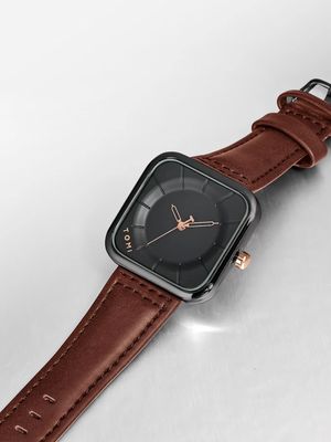 TOMI T-093 Square Men's Leather Belt Quartz Watch (Brown-Black)_img_1